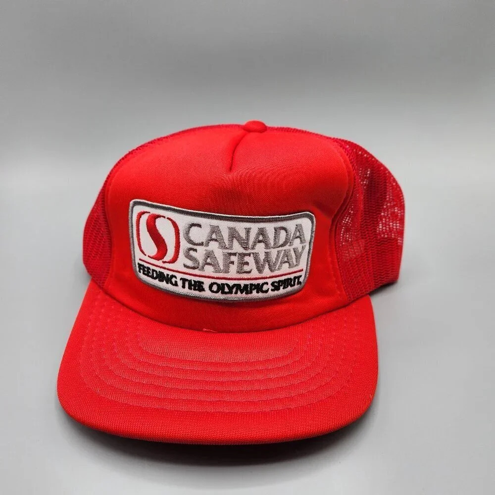 Vintage Safeway Canada Olympic Patch Trucker Snapback Hat Red